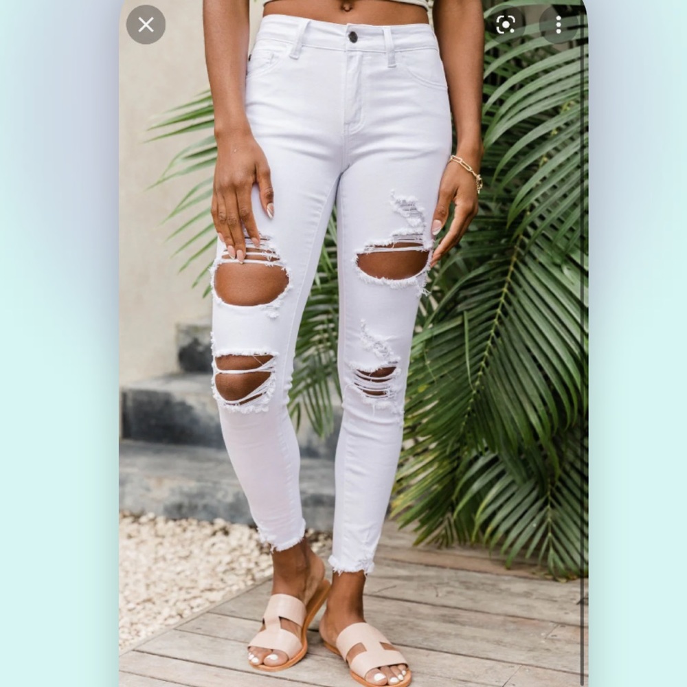 Pink Lily Nature Denim Trudy White Distressed Mid Rise Skinny Jean NWT